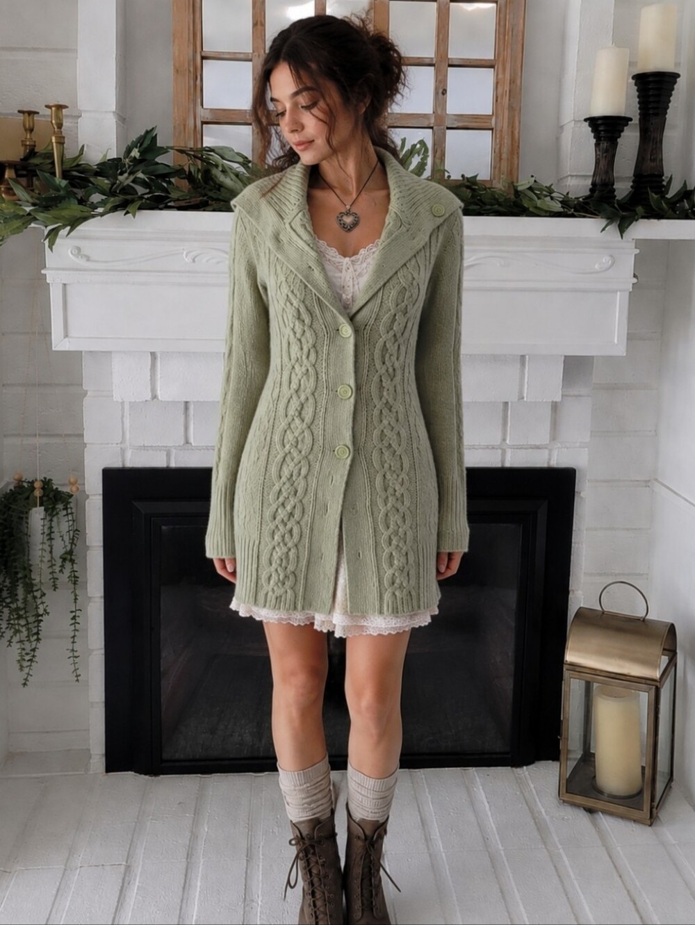 Vintage cozy faded glory green shawl collar cable knit cardigan Sweater Medium